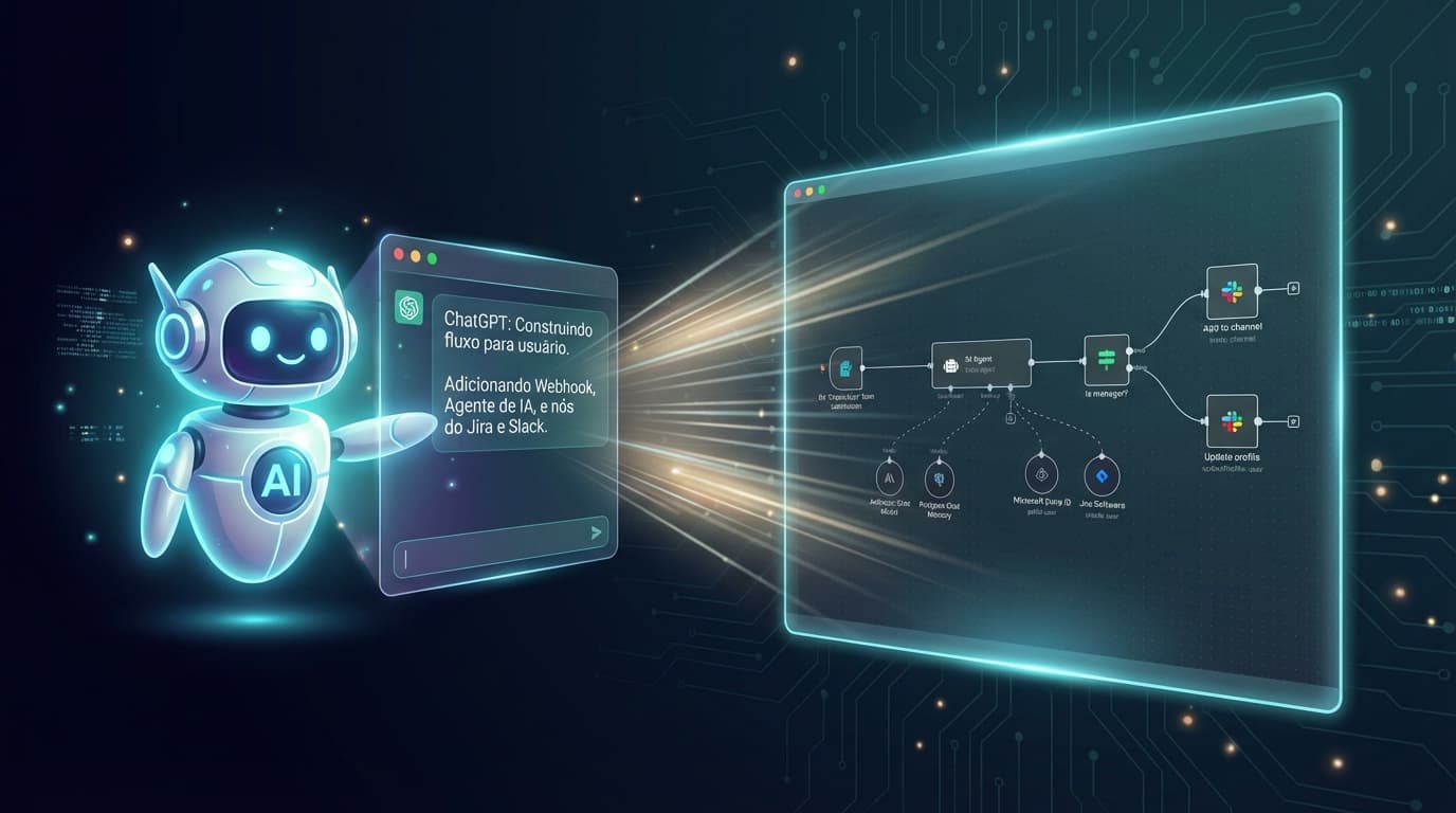 Interface n8n com fluxo de automação complexo e agentes de IA